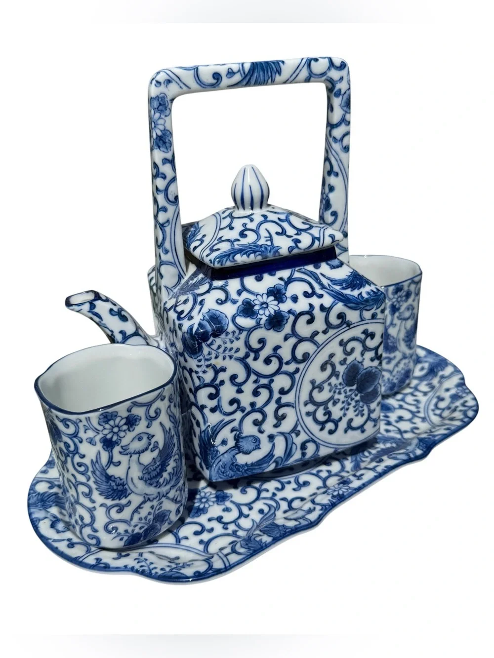 Vintage Takahashi San Francisco Blue White Porcelain Tea Sake Set Tray Japan